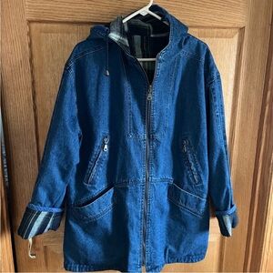 VINTAGE CS Reversible Plaid Denim Jacket Full Zip Flannel Lining with Hood
